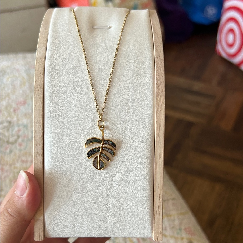 Stainless steel Gold Monstera Leaf Pendant Necklace - Green Enamel Accents